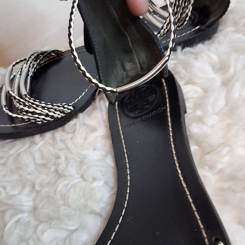 Tory Burch Braided Rope Metal Flat Sandals Black White Ankle Strap 6 - Picture 9 of 12